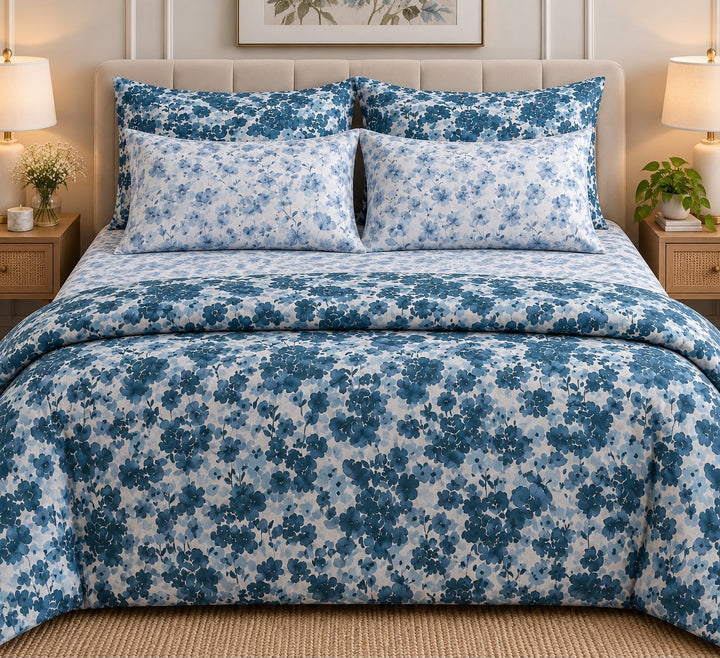 Misty Blue Floral 6-Piece King Size Comforter Cover Bedset