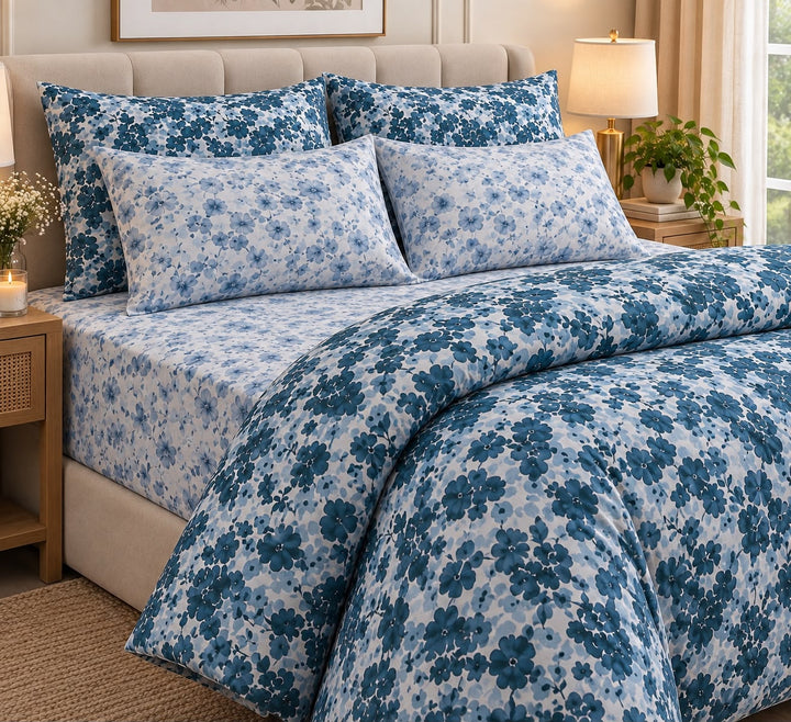 Misty Blue Floral 6-Piece King Size Comforter Cover Bedset